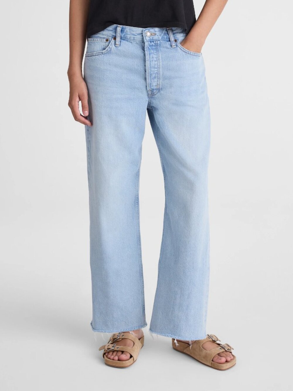 Madewell Low Slung Baggy Wide Leg Crop Button Fly Jeans Raw Hem Size 26 NWT